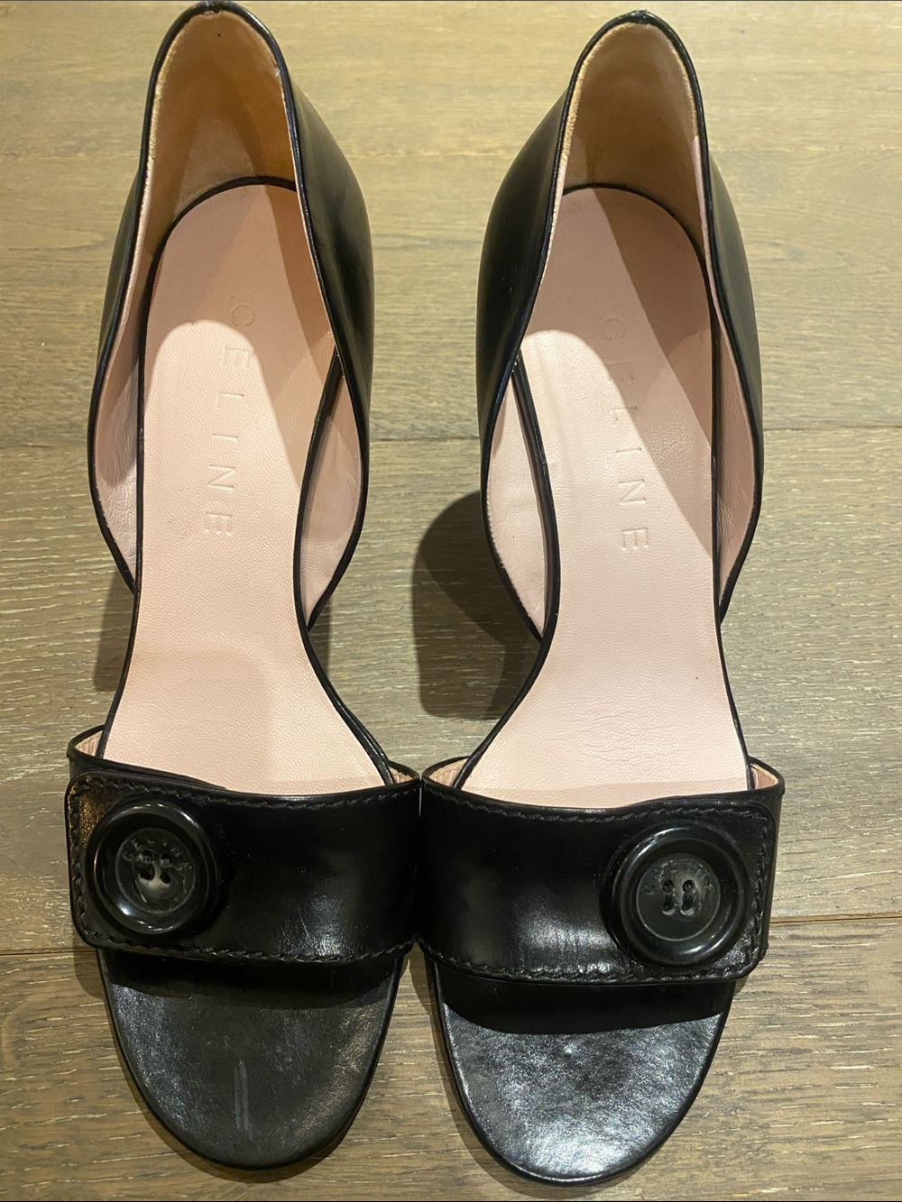 Celine Black Leather Open Toed Heels with Button Detail (EU 38 / US 7.5)